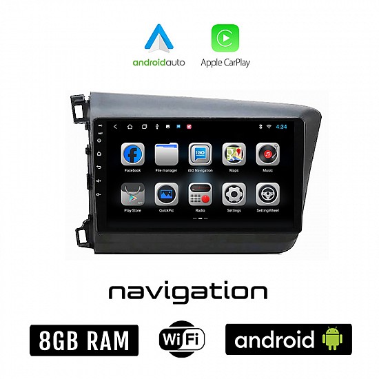 HONDA CIVIC 4D (2012 - 2016) Android οθόνη αυτοκίνητου 8GB + 128GB με GPS WI-FI (ηχοσύστημα αφής 9" ιντσών OEM Android Auto Apple Carplay Youtube Playstore MP3 USB Radio Bluetooth Mirrorlink εργοστασιακή, 4x60W)