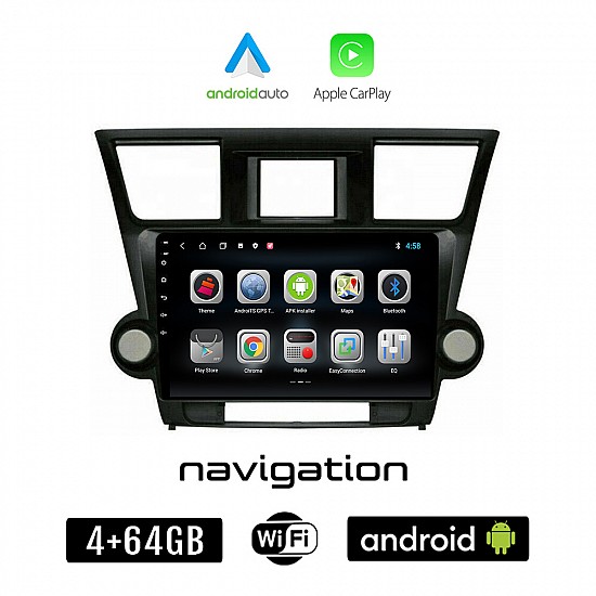 TOYOTA HIGHLANDER 2008-2015 Android οθόνη αυτοκίνητου 4GB + 64GB με GPS WI-FI (ηχοσύστημα αφής 10" ιντσών OEM Android Auto Apple Carplay Youtube Playstore MP3 USB Radio Bluetooth Mirrorlink εργοστασιακή, 4x60W)